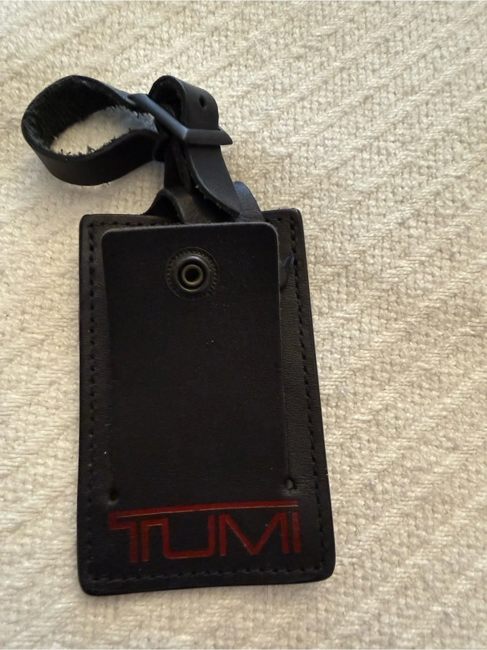 Tumi Black Leather Luggage Tag with Red Logo